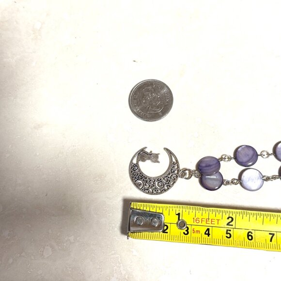 Purple Mother of Pearl Beaded Short Necklace + Cat on the Moon Pendant - Picture 12 of 13